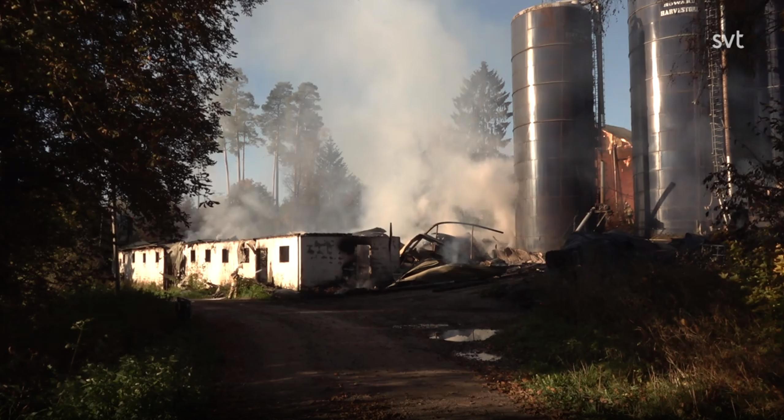 Fullt utvecklad brand i ladugård utanför Karlskoga – flera byggnader brinner